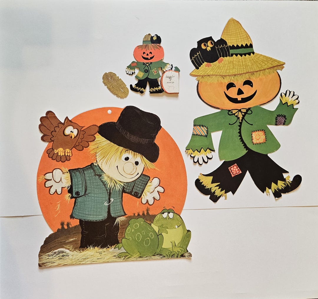 Vintage Halloween Die Cut Decorations Set of 3 Scarecrows With Jack O ...