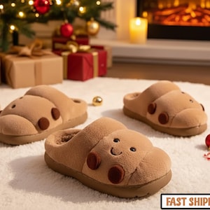Pantofole di peluche a forma di croissant: comode pantofole da interno/esterno, calde pantofole di peluche da interno, morbide e antiscivolo, comode scarpe da casa per autunno e inverno.