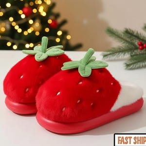 3D Strawberry Slippers, Fluffy Plush Fruit Slippers for Women & Teens, Warm Furry Winter House Shoes, Cozy Indoor Footwear, Holiday Gift