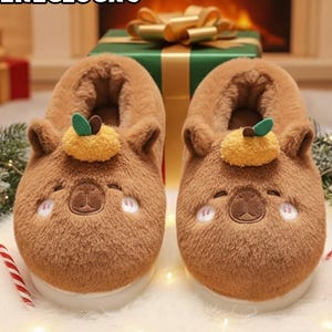 Capybara Slippers, Cozy Fuzzy Winter Slippers for Women, Animal Slippers with Pom Pom, Plush Indoor Shoes for Christmas, Soft Holiday Gift
