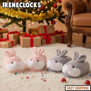 Cute Rabbit Slippers Women, Winter Plush Warm Shoes, Pink Cartoon Bunny Indoor House Footwear, Soft Sole Ladies Home Flats