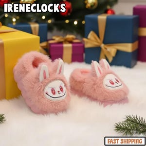 Pink Bunny Fluffy Slippers, Adorable Monster Doll House Shoes, Cozy Winter Indoor Slides, Warm Non-Slip Kawaii Footwear, Unique Holiday Gift