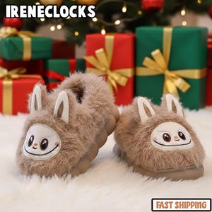 Fuzzy Adorable Monster Doll Fluffy Slippers, Brown Bunny Face House Shoes, Cozy Winter Indoor Slides, Warm Non-Slip Kawaii Footwear for Kids