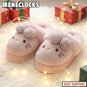 Kitty Plush Slippers, Cute Cat Indoor Shoes, Soft Cozy Fuzzy Slides, Warm Non-Slip Home Footwear