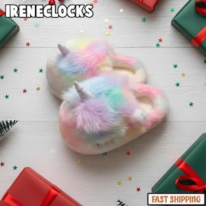 Fuzzy Unicorn Slippers, Cute Animal House Shoes, Cozy Winter Indoor Slides, Warm Brown Plush Pet Lover Gift, Christmas Footwear