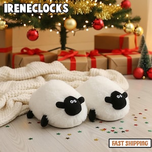 Pantofole da donna a forma di pecora, graziose pantofole da interno in peluche a forma di animale kawaii, comode infradito invernali per la casa, morbide e calde pantofole pelose, regalo per lei