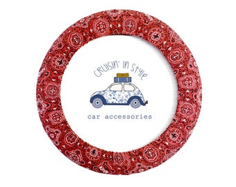 Red Bandana Print Steering Wheel Cover with Gripper Fabric, Matching Keychain