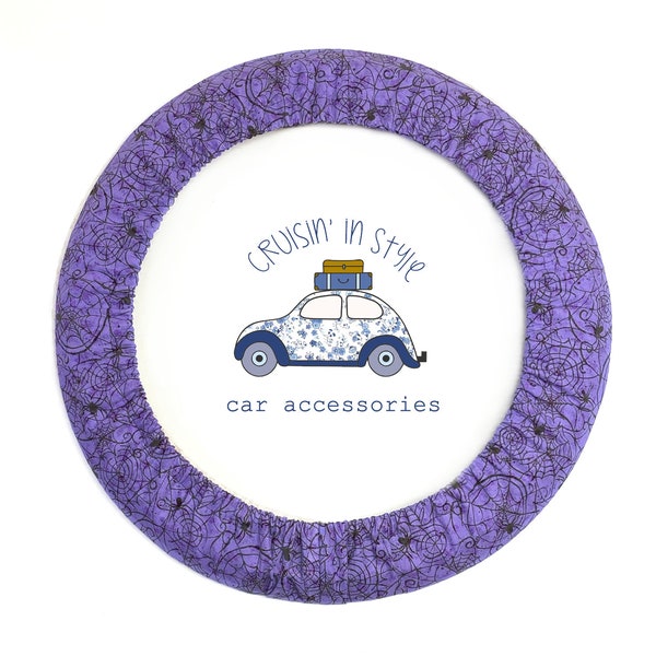 Purple and Black Spider Webs Steering Wheel Cover with Gripper Fabric, Matching Keychain