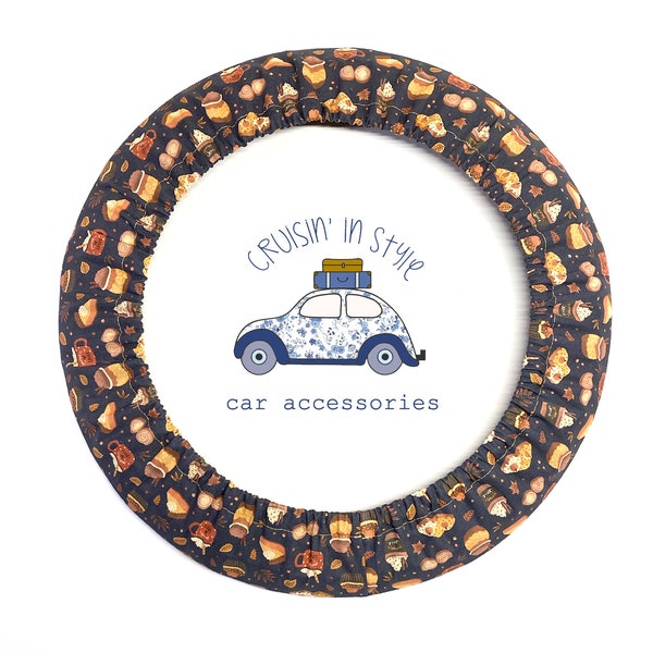 Fun Fall Foods on Navy Steering Wheel Cover with Gripper Fabric, Matching Keychain