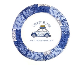 Blue Chinoiserie Patchwork Steering Wheel Cover with Gripper Fabric, Matching Keychain