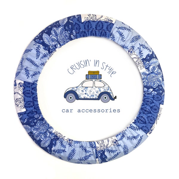 Blue Chinoiserie Patchwork Steering Wheel Cover with Gripper Fabric, Matching Keychain