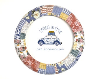 Boho Patch Steering Wheel Cover with Gripper Fabric, Matching Keychain