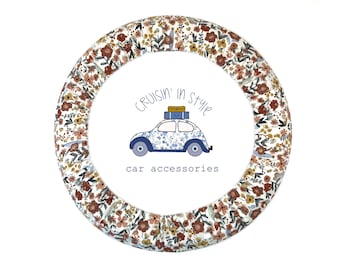 Muted Woodland Wildflowers Steering Wheel Cover with Gripper Fabric, Matching Keychain