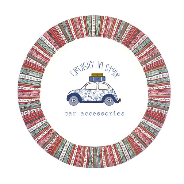 Whimsical Christmas Stripes Steering Wheel Cover with Gripper Fabric, Matching Keychain