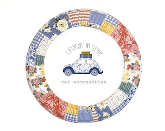 Boho Patch Steering Wheel Cover with Gripper Fabric, Matching Keychain