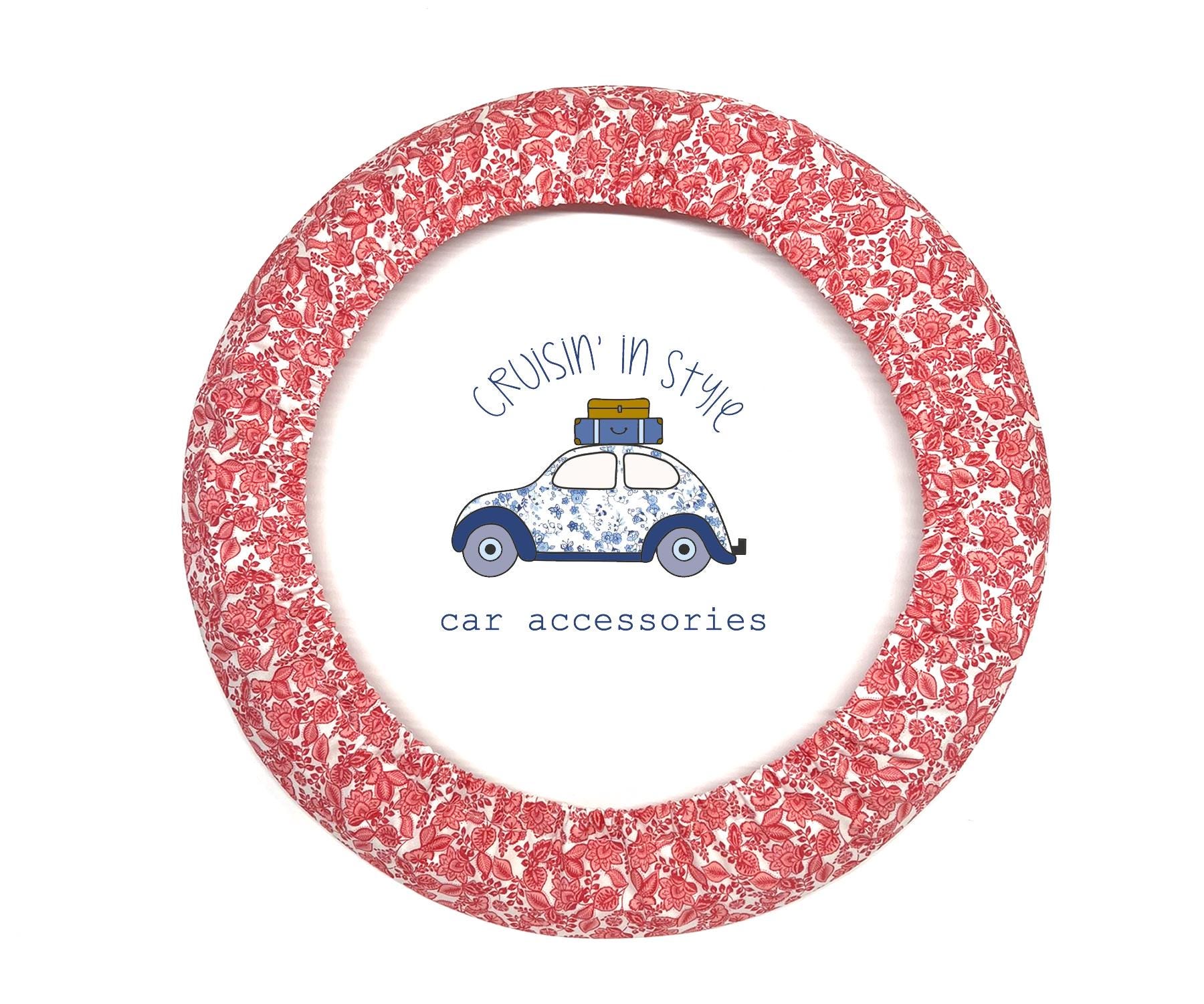Red Vintage Floral Steering Wheel Cover with Gripper Fabric, Matching Keychain