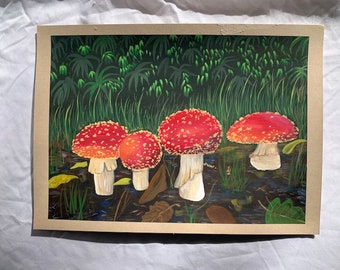 Mystical Mushrooms Gouache painting