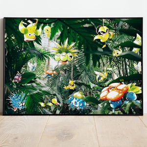 May include: A colorful illustration of various Pokemon characters in a jungle setting. The characters are depicted in a cartoon style and are surrounded by lush green foliage.