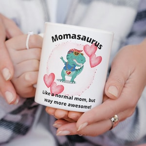 Momasaurus Mug – Funny Dinosaur Mom Coffee Cup, Two-Tone Ceramic 11 oz