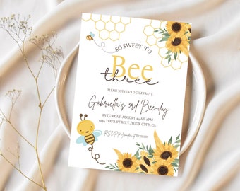 Editable Instant Download Bee Invite, So Sweet to Bee Three Invitation, Third Bee-day Invite, Honeybee Sunflower 3rd Birthday Invite,