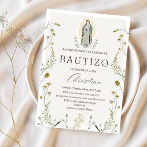 Invitacion de Bautizo, Batismo de Flores Silvestres Espanholas, Convite de Batismo, Virgen Mary, Convite de Batizado Espanhol, La Virgen de Guadalupe.