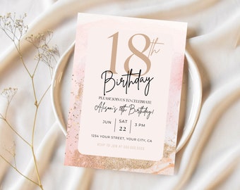 May include: Pink and gold birthday invitation with the number 18 and the text "Birthday" and "Alisan's 18th Birthday!" with the date and time of the party.