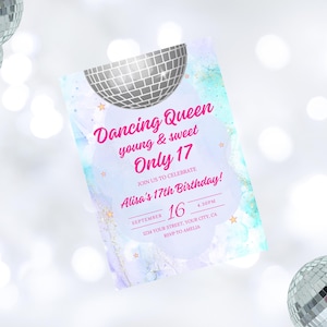 Dancing Queen Geburtstagsfeier-Einladung, Siebzehnter Geburtstag einladen, 17. Geburtstagsfeier, Disco Ball Geburtstag, Jung und Süß nur 17.