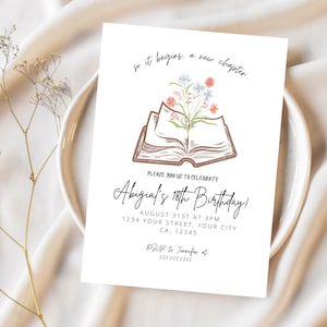 Ainsi, il commence un nouveau chapitre, une invitation pour un 18e anniversaire, pour tous les âges, un anniversaire dans une bibliothèque, un anniversaire dans un livre de contes, une invitation à livre ouvert avec des fleurs sauvages,
