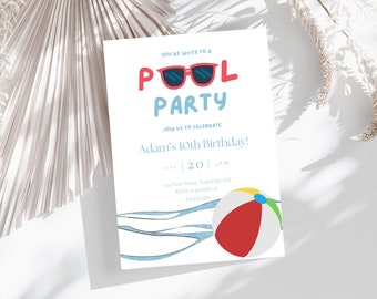 Puede incluir: Invitación a una fiesta en la piscina con una pelota de playa azul y roja y el texto "You're invite to a Pool Party. Join us to celebrate Adam's 10th Birthday!"