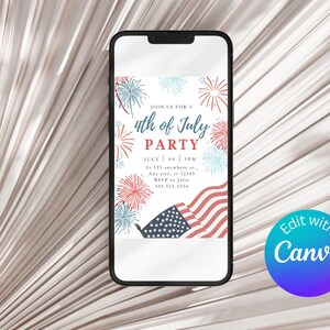 Inbjudan till 4 juli-fest, firande av självständighetsdagen, fyrverkerier, inbjudan till amerikansk flagga, röd, vit, blå, patriotisk inbjudan, helgdag i USA bild 2