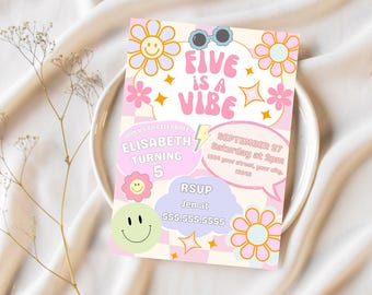 Five is a Vibe Birthday Invitation, Checkered Smiley Face, Editable, Happy Face, Girl's Birthday, Kids Party, Groovy Birthday, 053
