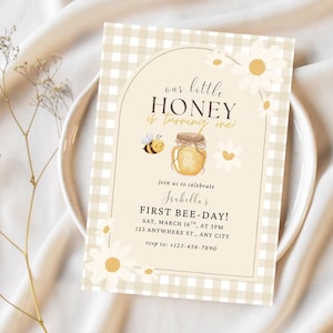Our Little Honey Invite, First Bee Day, Birthday Invite, Any Age Editable, Honey Invitation, Gingham, 14