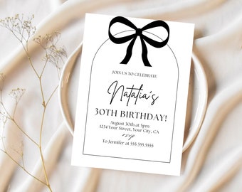 Black Bow Birthday Invitation, Editable Any Age, Black Ribbon Birthday Invite, 30th Birthday Party, Coquette Bow 30th, Black White Bow Party