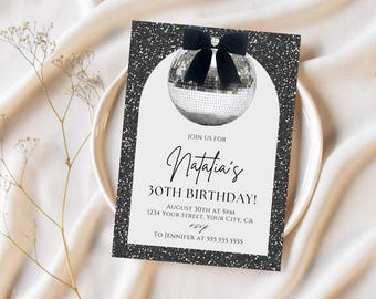 Disco Ball Coquette Invite, Black Bow Invitation, Editable, 18th 20th 21st 30th 40th Birthday, Silver Black, Velvet Bow, Girls Birthday, 034