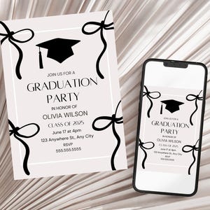 Coquette Graduation Party Invite, Black Bow Invitation, Grad Party ...