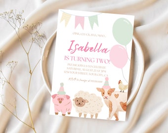 Oink, Cluck, Baa, Moo Farm Girl Birthday Invitation, Barnyard Animals, Editable Any Age, Turning Two, Farm Animals Birthday Invite, kid Farm