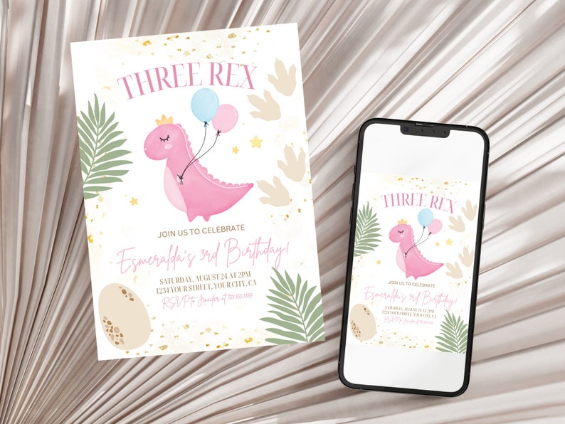 May include: A pink dinosaur with a crown and balloons, holding a sign that says "Three Rex" and "Join us to celebrate Esmeralda's 3rd Birthday!" The sign also includes the date, time, and location of the party.