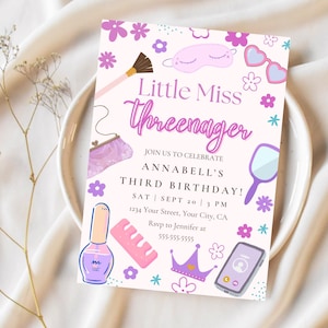 May include: A pink and purple birthday invitation with the text "Little Miss Threenager" and a design featuring makeup brushes, a purse, a sleep mask, sunglasses, a comb, nail polish, a crown, and a mobile phone. The invitation is for Annabell's third birthday party on 20th September at 3 PM. RSVP to Jennifer at 555-555-5555.