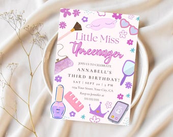 Little Miss Threenager Birthday Invite, Fashion & Makeup, Girls Third Birthday Invitation, Three-nager, Girly Invite, Purple 3rd Birthday.