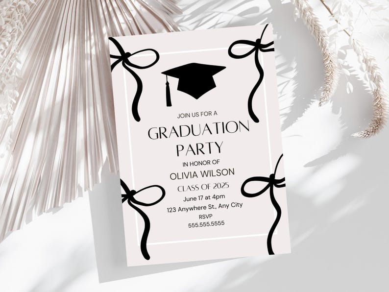Coquette Graduation Party Invite, Black Bow Invitation, Grad Party ...