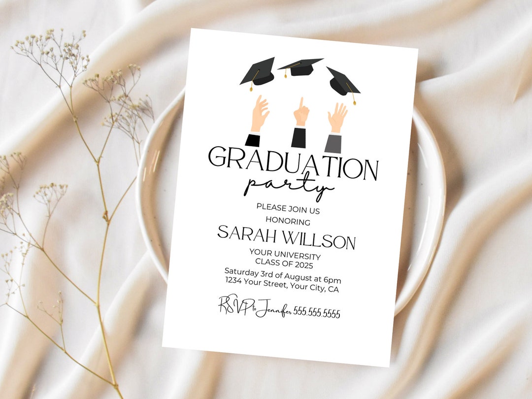 Graduation Party Invitation, Black White, Editable Tossing of the Cap ...