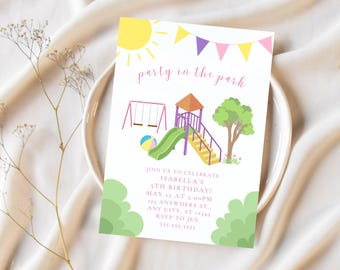 Party in the Park, Girl Birthday Invite, Playground, Any Age Editable Birthday Invite, 28