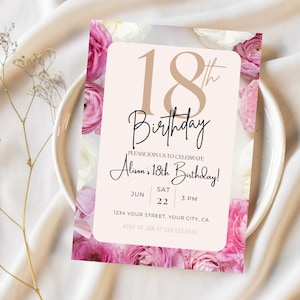 18th Birthday Pink Digital Download, Eighteenth Birthday Pink Rose Invitation, Girl Floral Pink Birthday Invite, 18th Party Celebration