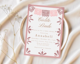 Cielito Lindo Baby Shower Invitation, Blush Cielito Lindo, Baby Girl Invite, Blush Pink Talavera, Mexican Baby Shower Party, Papel Picado.