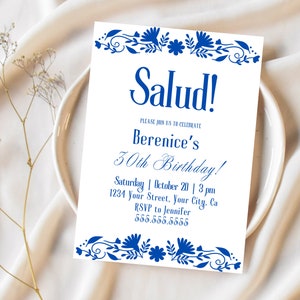 Invitación de cumpleaños número 30 de Salud, editable para cualquier edad, invitación de diseño de Talavera azul, tema Azul Papel Picado, invitación a fiesta mexicana, cerámica