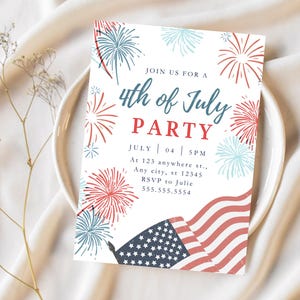 Inbjudan till 4 juli-fest, firande av självständighetsdagen, fyrverkerier, inbjudan till amerikansk flagga, röd, vit, blå, patriotisk inbjudan, helgdag i USA bild 1