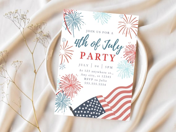 4th of July Party Invitation, Independence Day Celebration, Fireworks, American Flag Invite, Red, White, Blue, Patriotic Invite, USA Holiday