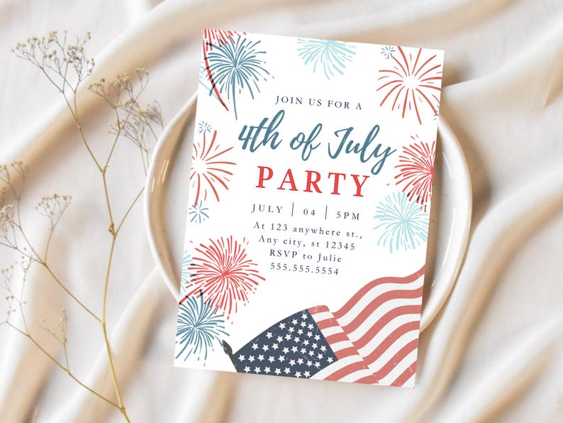 Inbjudan till 4 juli-fest, firande av självständighetsdagen, fyrverkerier, inbjudan till amerikansk flagga, röd, vit, blå, patriotisk inbjudan, helgdag i USA bild 1