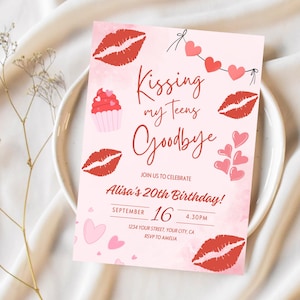 Zaproszenie na pożegnanie „Kissing My Teens”, dwudzieste urodziny, zaproszenie na urodziny w stylu walentynkowym, zaproszenie na 20. urodziny, zaproszenie na różowy pocałunek.