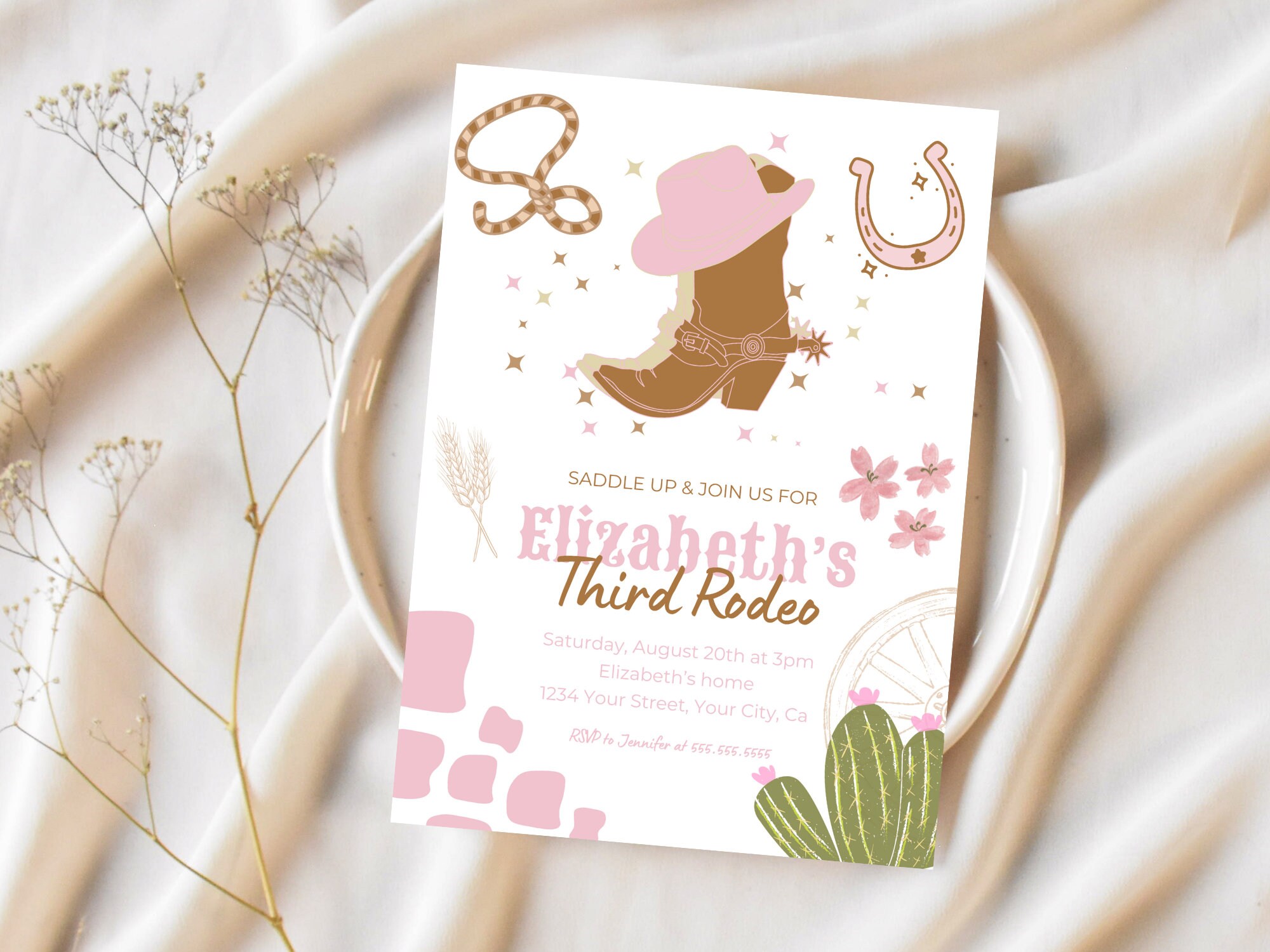 Third Rodeo Birthday Invitation, Cowgirl Theme 3rd Birthday Invite ...
